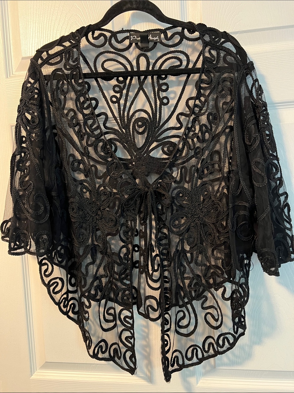 Pretty Angel Black Sheer Crochet Tie-Front Blouse